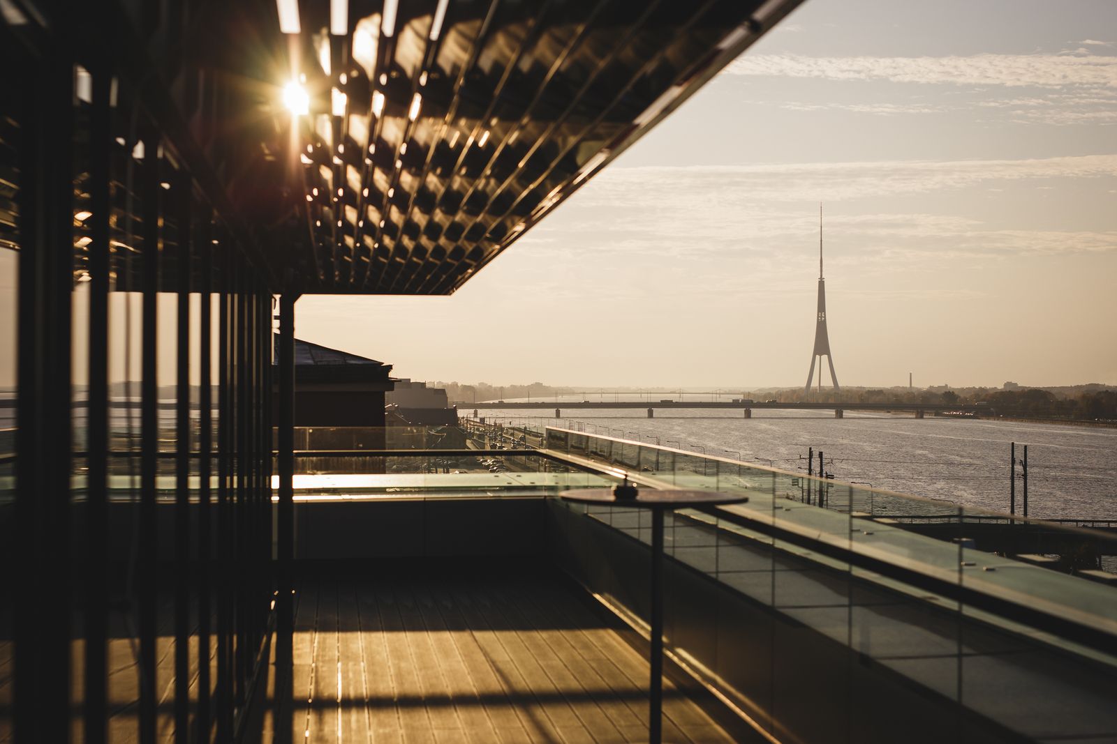 Golden hour terrace overlooking water